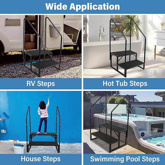 RV Steps w/Dual Handrails, 2 Step Spa Hot Tub Steps with Anti-Slip Pedals, 400lbs Load Capacity, Universal Portable Mobile Home Stairs Steps for 5th Wheel RV, Spa, Porch, Pool, Travel Trailers