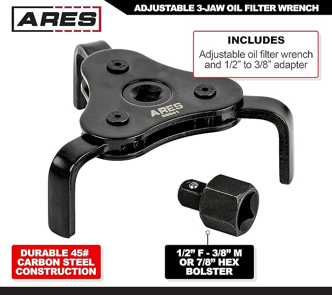 ARES 56041 – Adjustable 3-Jaw Oil Filter Wrench – 2 1/2-Inch to 4 Inch (63mm to 101mm) Capacity – Use with 3/8 or 1/2-Inch Drive Ratchets or 7/8-Inch Wrenches – Carbon Steel Construction
