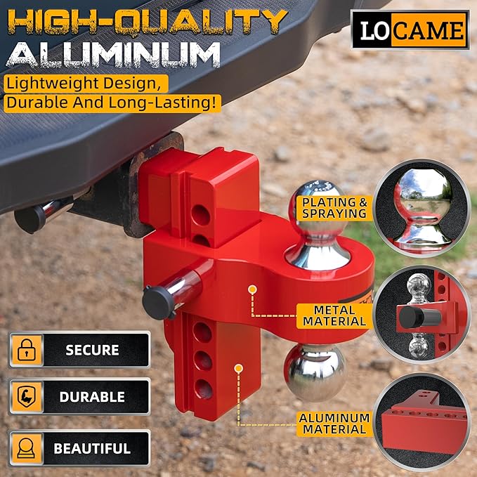 LOCAME Adjustable Trailer Hitch, Fits 2-Inch Receiver, 6-Inch Drop Aluminum 1-7/8'' & 2'' Tow Ball Drop Hitch,12,500 LBS GTW-Tow Hitch for Heavy Duty Truck with Double Stainless Locks, Red, LC0046