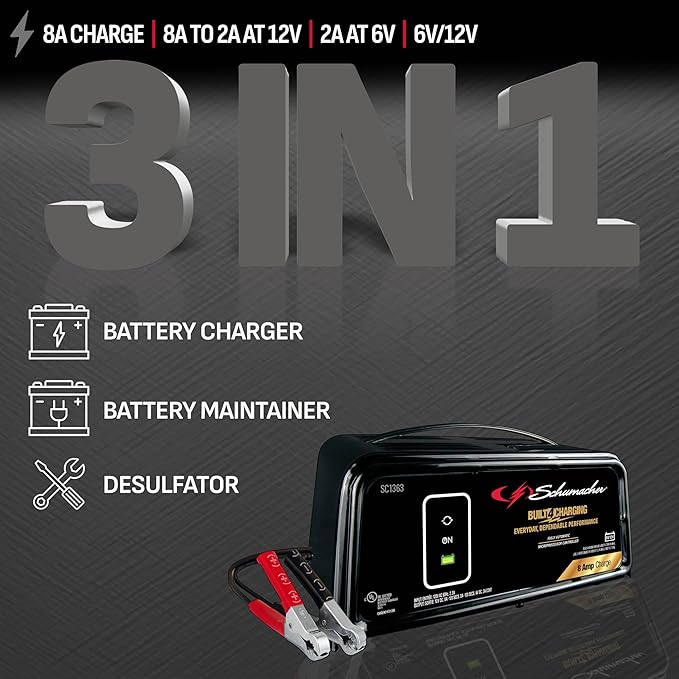 Schumacher Electric 8A Car Battery Charger and Maintainer, 3-in-1 Solution, for 6V/12V Power Sport, Automotive, and Marine Batteries, SC1363