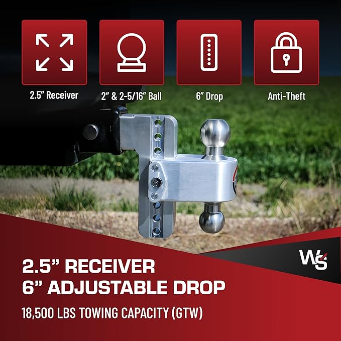 Weigh Safe Adjustable Trailer Hitch Ball Mount, 6" Adjustable Drop Hitch for 2.5" Receiver w/ 4 pc Keyed Alike Lock Set, Heavy Duty Aluminum Trailer Tow Hitch w/Chrome Plated Tow Balls, 18,500 GTW