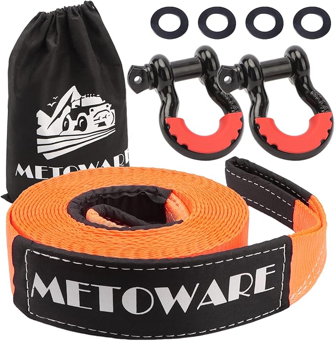 METOWARE Heavy Duty Tow Strap Recovery Kit - 3" x 30ft(35,000lbs) Tree Saver Winch Strap + 3/4" D Ring Shackles(2pcs) + Storage Bag - Truck, SUV, ATV Off Road Towing Strap Kit