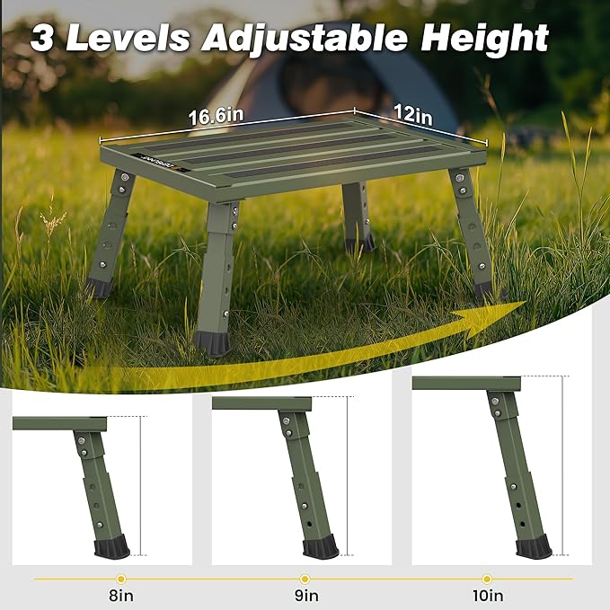 Adjustable RV Step Stool, 3-Step Height Adjustment, Foldable Legs, Wide Anti-Slip Surface,Supports Up to 1,000 lb, Premium Aluminum Construction Easy to Carry (Army Green)