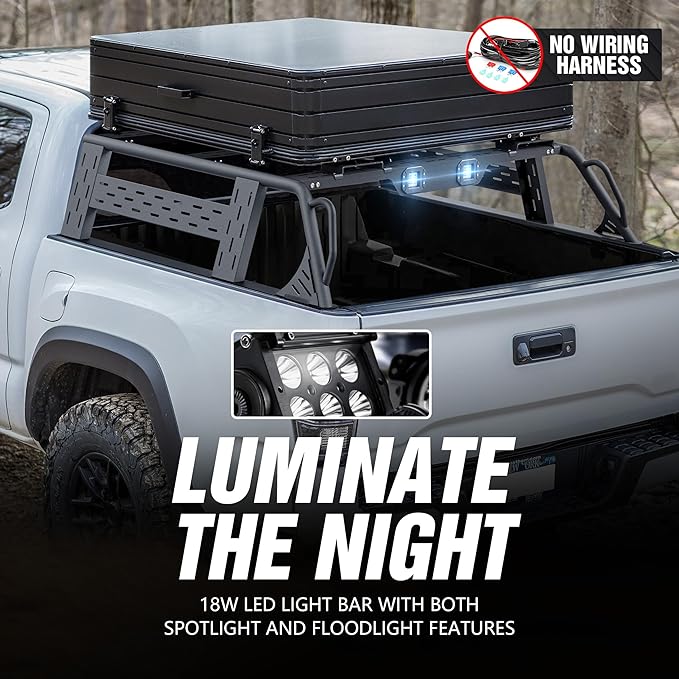 13.8" High Overland Bed Racks Truck Cargo Carrier Compatible with 2016-2025 Tacoma & 2020-2025 Gladiator JT with 2 LED Lights and Bed Rails, Full-Size Truck Rear Ladder Rack Back Cross Bars