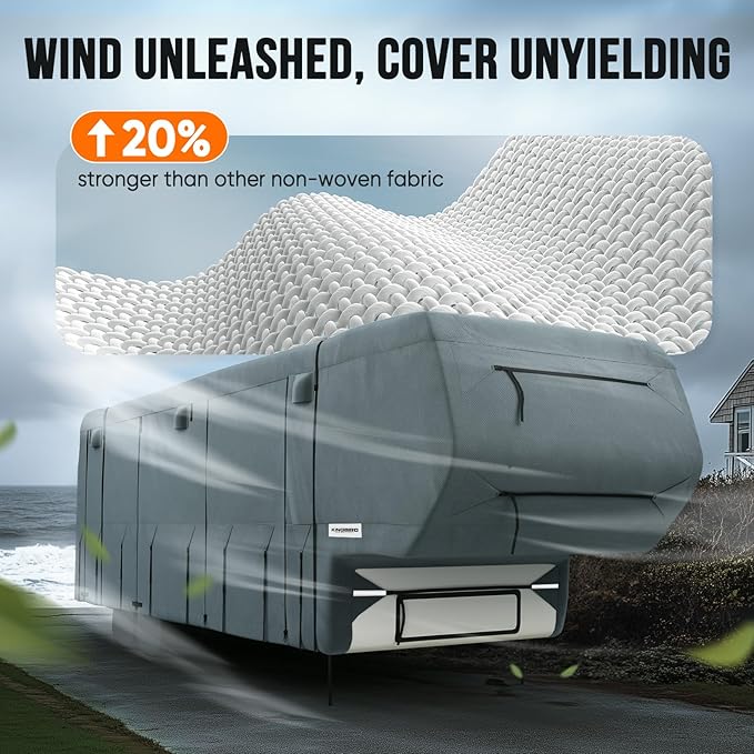 KING BIRD RV Cover, Heavy Duty 5-Layer Snow Protection, Fits 29-33ft 5th Wheel Campers, with Adhesive Repair Patches,Windproof Straps&Tire Covers