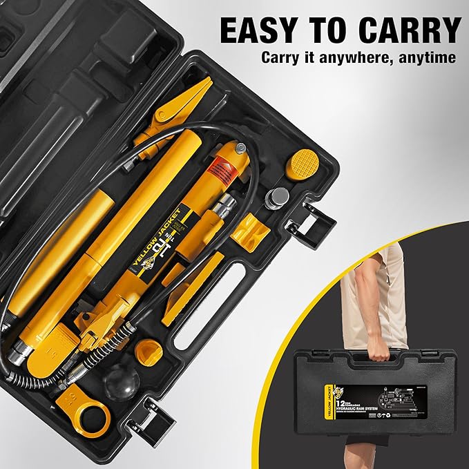 YELLOW JACKET 12 ton Porta Power Kit Hydraulic Ram Jack Pusher Puller Auto Body Frame Repair Tool with Blow Mold Carrying Storage Case for Car Repair,Truck,Farm