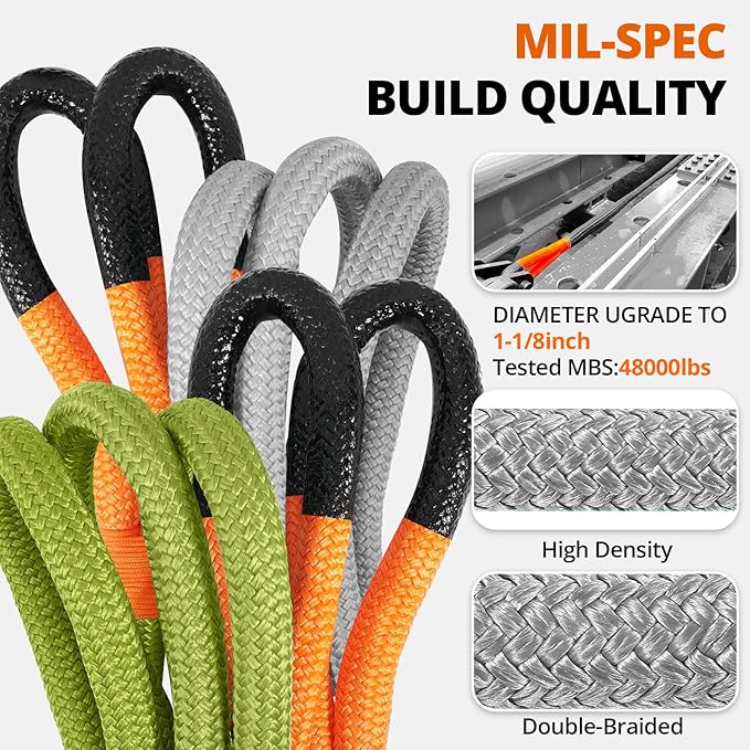Kinetic Recovery Tow Rope: 1-1/8" x 30ft 48000LBS Snatch Strap with Soft Shackles Heavy Duty Offroad Towing Straps Kit for Trucks SUV UTV ATV Tractor Car Jeep - Gray