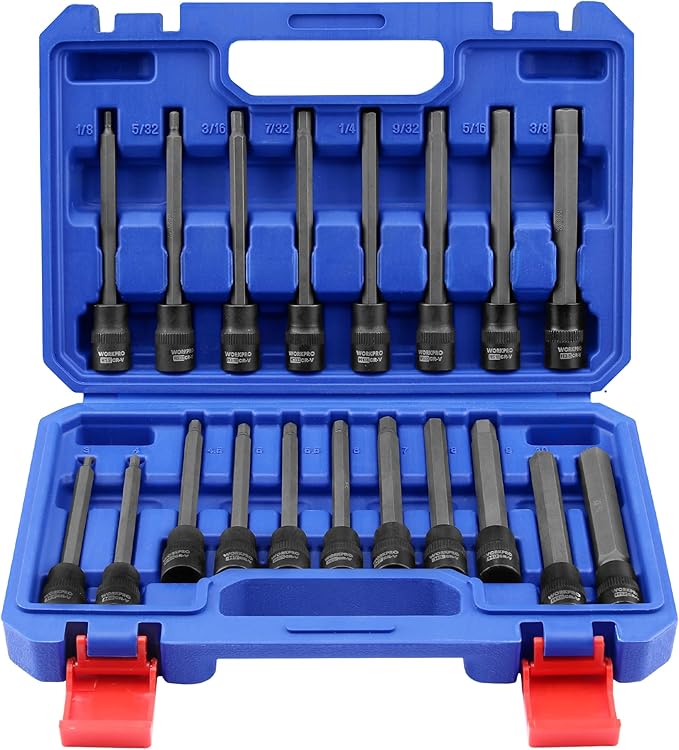WORKPRO 19-piece 3/8 Inch Drive Extra Long Hex Bit Socket Set, Torx Bit Socket Set, Premium S2 Steel Long Allen Star Bits and CR-V Sockets Set with Storage Case