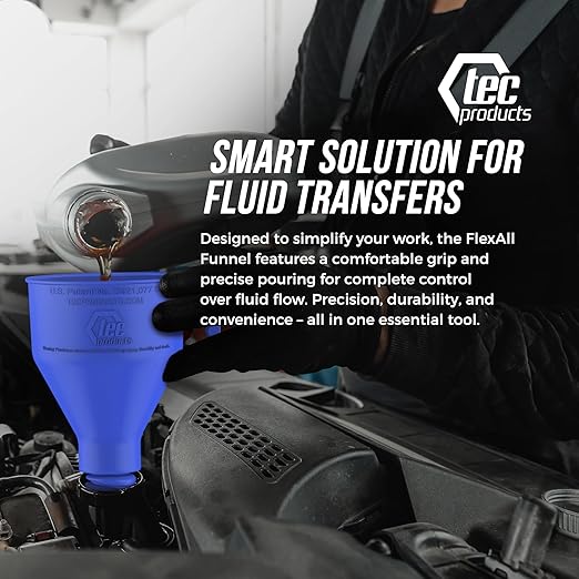 TEC Products FlexAll Long Flexible Funnel for Automotive Use - Durable Nitrile Rubber - Ideal for Car Oil Change, Transmission Funnel Fluid, Diesel, Fuel, Gas - Made in USA - Blue (16 x 5 Inches)