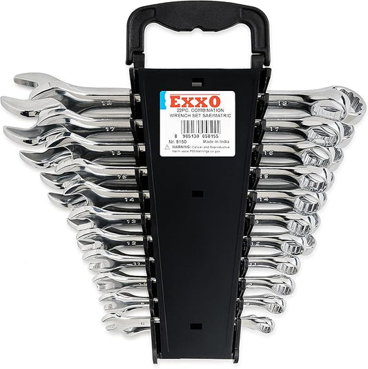 EXXO | 22 Piece SAE and Metric Combination Wrench Set | 1/4-7/8 & 8-18mm | Chrome Vanadium Steel | for Industrial, Home and Automotive Technicians