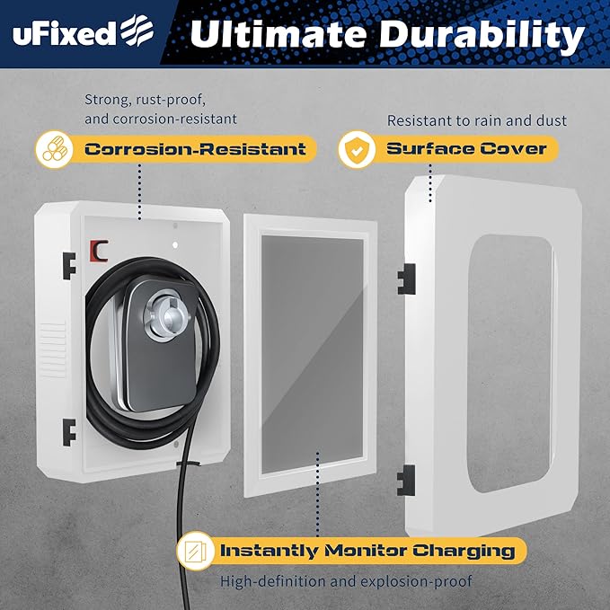 Outdoor EV Charger Enclosure Wall Box with Lock, Tesla & Chargepiont Charger Lock Box with Holder | Weatherproof, Visible, Easy to Install, White