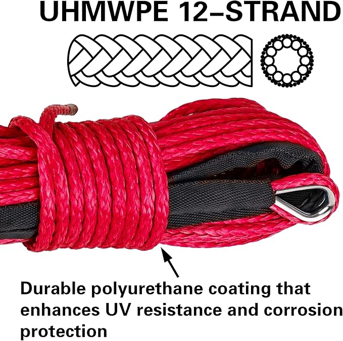 ATV UTV Synthetic Winch Rope Cable 3/16" x 50 ft, 8,300 lbs Pulling Strength, with Protective Sleeve, Safety Pull Strap, for 4X4 Offroad Vehicles (red)