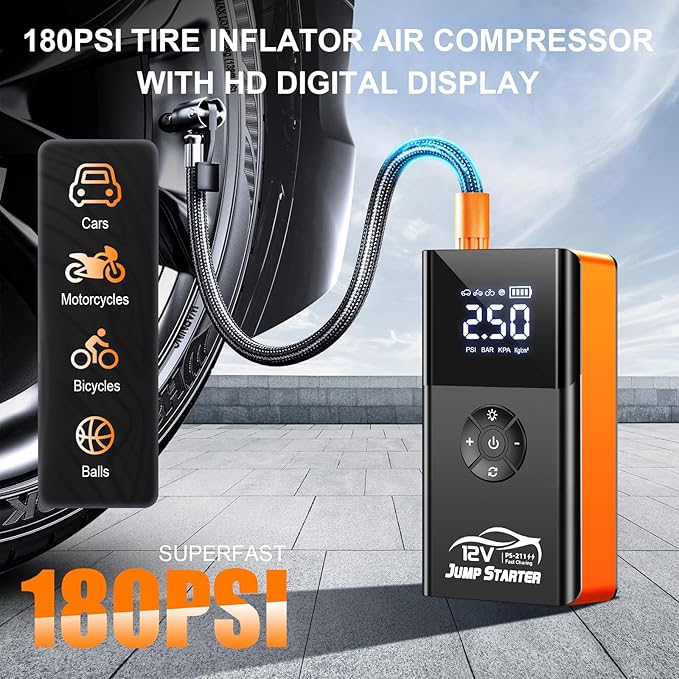 Jump Starter with Air Compressor, 8000A 180PSI, Portable Car Battery Jump Starter (All Gas/12L Diesel) 12V Automobile Jump Box Pack Chargers with Jumper Cables, 4-Mode LED Lights (Pumpkin Orange)