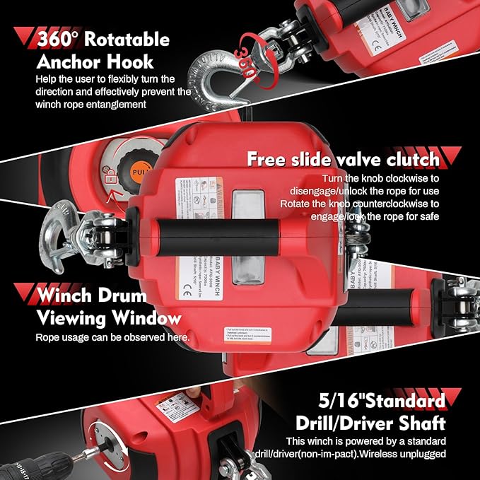 Portable Drill Winch of 1000 Lbs, Red Handheld Drill Winch with 40 Foot Synthetic Rope, Rotate The Hook 360 Degrees, for Lifting & Dragging(Red)