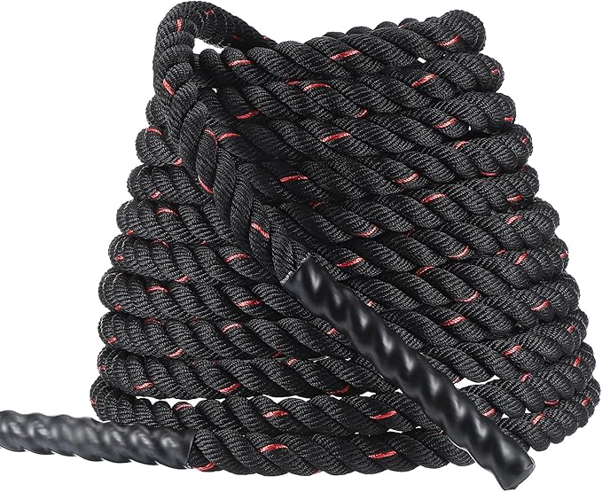 MECCANIXITY Battle Rope 50ft x 1 Inch Polyester Workout Rope Heavy Fitness Exercise Rope for Strength Training Home Gym Muscle Building, Black Red
