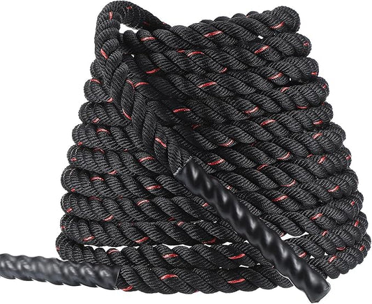 MECCANIXITY Battle Rope 50ft x 1 Inch Polyester Workout Rope Heavy Fitness Exercise Rope for Strength Training Home Gym Muscle Building, Black Red