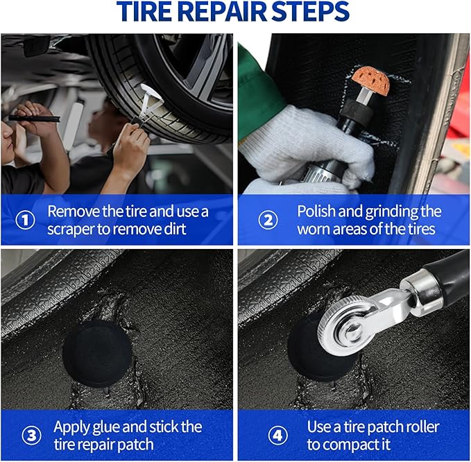 33PCS Tire Repair Patch Tools Tire Patch Kit, 30PCS Tire Patches(32mm/ 42mm/ 58mm with Tire Patch Roller, Tire Repair Buffing Wheel, Tire Inner Liner Scraper for Car Motorcycle Bike