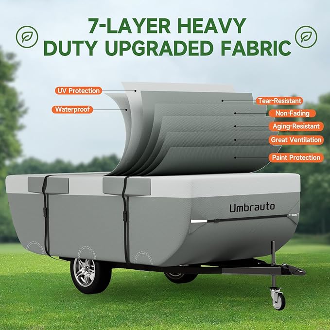 Umbrauto Pop Up Folding Camper Cover Fits 12'-14', Upgraded 7 Layers Top Tent Trailer Cover Waterproof Extra Thick Polypropylene Breathable Ripstop Pop Up Folding Trailer Cover