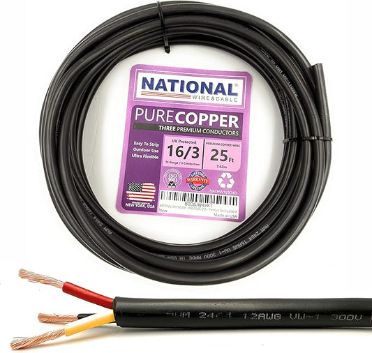 NATIONAL Wire & Cable – 16 AWG 3-Conductor Premium Copper Wire, 25 ft, Stranded | Made in USA, Heavy-Duty Flexible Jacket | LED, Lights, DIY Projects, Low Voltage Wiring, Indoor and Outdoor Use