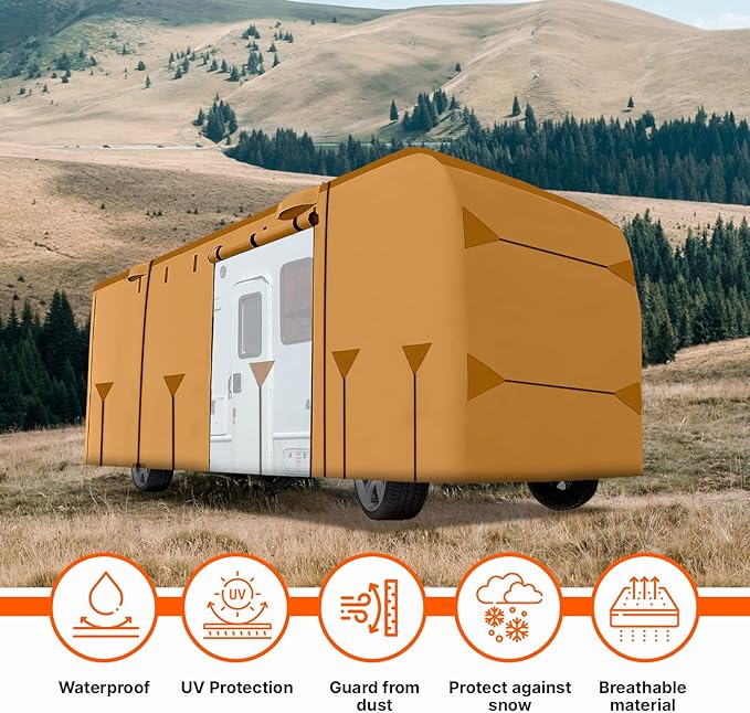 33-37 Ft Class A RV Cover Package Premium Heavy-Duty Waterproof Windproof Anti-UV Breathable Fabric Including 4 Tire Covers and 4 Sharp Edge Covers 2 Secure Straps