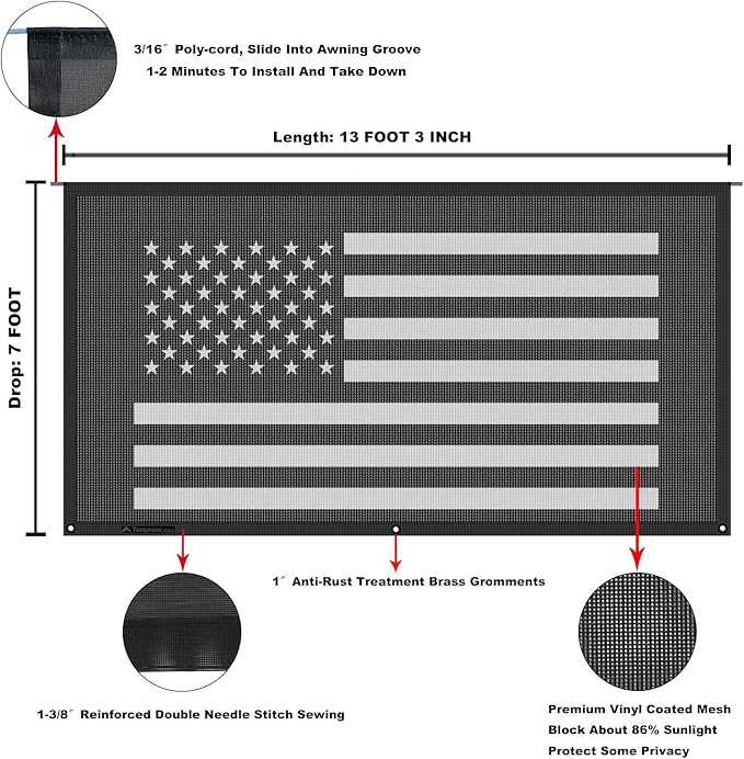 Tentproinc RV Awning Sun Shade Screen 7' X 13' 3'' (Fit for 14' Awning) Black Mesh Sunshade for Motorhome Camper Trailer Awning Shade Screen UV Blocker (American Flag)
