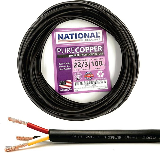 NATIONAL Wire & Cable – 22 AWG 3-Conductor Premium Copper Wire, 100 ft, Stranded | Made in USA, Flexible Jacket | Electronics, Alarms, Signal Wiring, DIY, Indoor and Outdoor Use