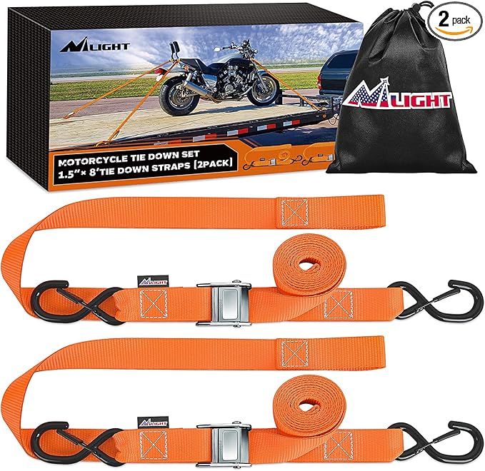 Nilight Motorcycle Tie Down Straps 1.5”×8’ Heavy Duty Cambuckle with Soft Loops Safety S-Hooks 3084Lbs Break Strength for Securing Dirtbikes ATV UTV