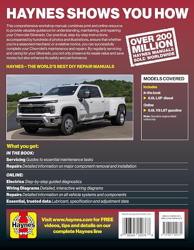 Haynes Compatible for The Chevrolet Silverado 2500/3500 (2020–2024) Repair Manual: Covers 6.6L L5P Diesel, 6.6L L8T Gas – Maintenance, Repairs, Troubleshooting & Wiring Diagrams
