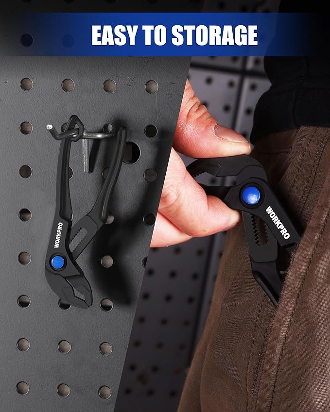 WORKPRO Mini Water Pump Pliers, 4-Inch Groove Joint Pliers, Fast Adjustable Tongue and Groove Pliers with 15-Position Push-Lock, V-Jaw for Multi-Surface Grip, Ideal for Tight Spaces and Versatile Use