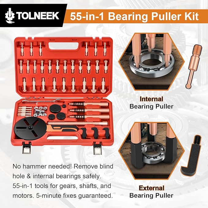 55-in-1 Bearing Puller Kit, Wheel Bearing Removal Tool & Blind Bearing Puller Set, Heavy-Duty Inner/Outer Bearing Separator for Industrial, Includes 12 Sizes Extractor & Portable Case