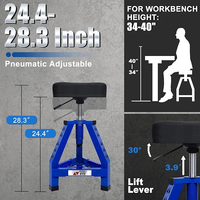Adjustable Shop Stool,Garage Mechanic Stool Chair,Work Seat for Workshop, Adjustable Height, 360° Swivel Padded Square Seat,Tool Storage, 350 LBS Capacity, Heavy Duty, Blue