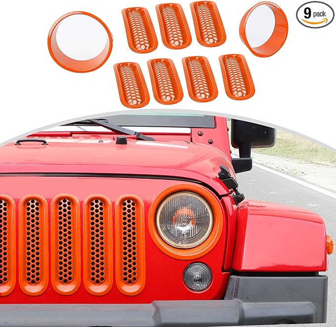 CheroCar for JK Mesh Grille Grill Insert & Headlight Cover Trim Exterior Accessories for Jeep Wrangler JK 2007-2017,Orange…