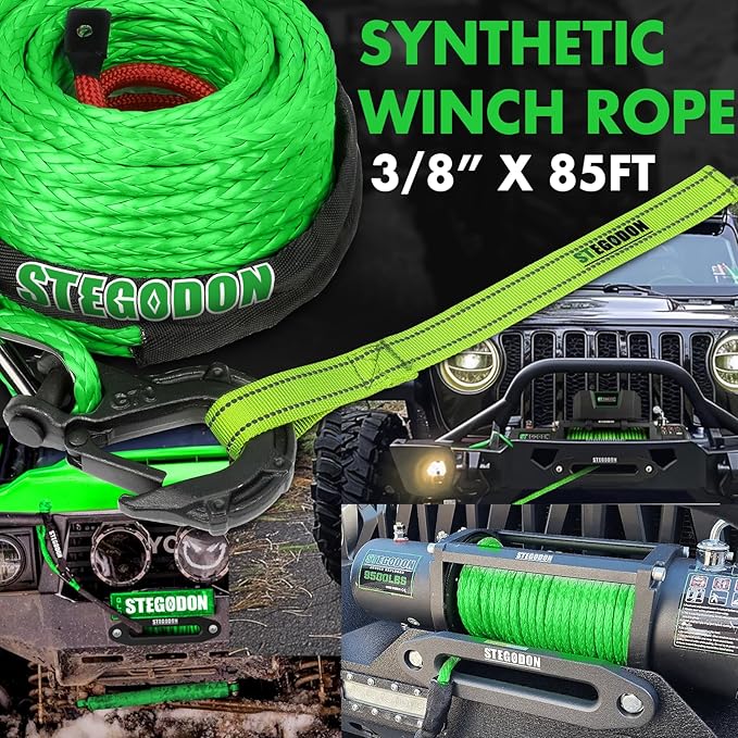 Synthetic Winch Rope, 3/8'' x 85ft 25,000LBS Synthetic Winch Line 3/8 Winch Cable Replacement Synthetic Rope with Forged Winch Hook for 4WD Off Road Vehicle SUV Truck(Green)