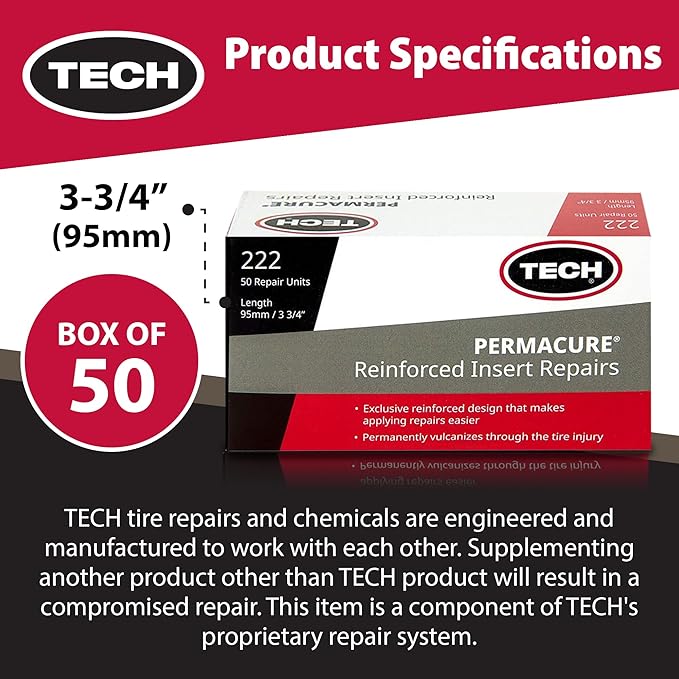 TECH Permacure Inserts – Reinforced Natural Rubber Compatible with Vulcanizing Fluid, Tubeless Sealant, Flat Repair Kits, 3-3/4" (95mm), Blue (Box of 50) for Emergency Puncture Fixes and Patch Kits