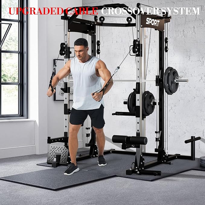 Power Cage, Multi-Functional Power Racks for Home Gym with Cable System, 1600LBS Weight Capacity Fitness Reality Squat Rack for Strength Workout with More Training Attachment,Black