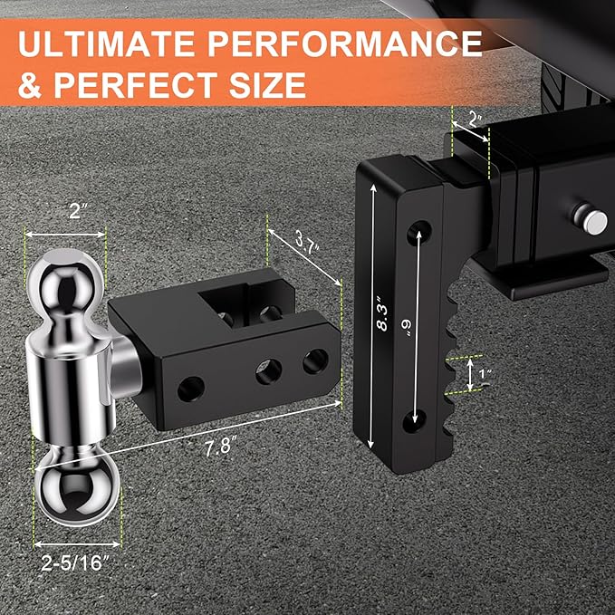 Adjustable Trailer Hitch, Fits 2-Inch Receiver, 6-Inch Drop/Rise for Trucks (12500 LBS GTW), Heavy Duty Aluminum Tow Hitches with 4 Silencer Pads & 2 Locking Hitch Pin, Black