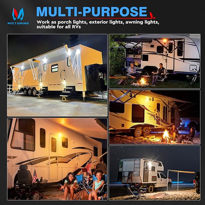 MICTUNING RV Porch Lights, 5 Inch 45W Amber/White LED Exterior Utility Awning Light 6000K Aluminum Housing IP67 Waterproof Replacement Lighting for Trucks Trailers Bus Marine Boats, 2 Pcs