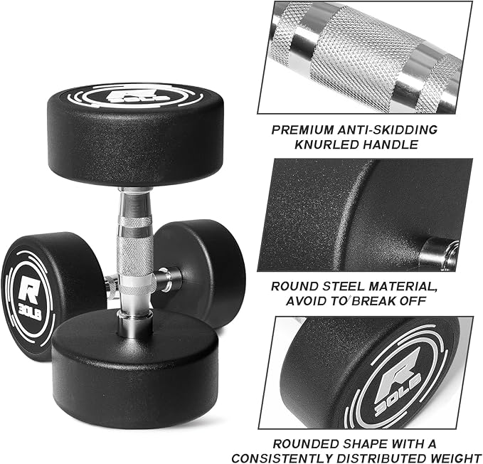 RitFit 5-250 LBS PVC Encased Round Dumbbell sets with Knurled Handle and Optional Rack, Strength Training Equipment for Home Gym