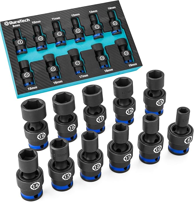 DURATECH 3/8" Drive Impact Universal Joint Socket Set, Swivel Socket Set, 11-Piece, Metric, 8-19mm, Cr-Mo Steel, Organized in EVA Foam Organizer