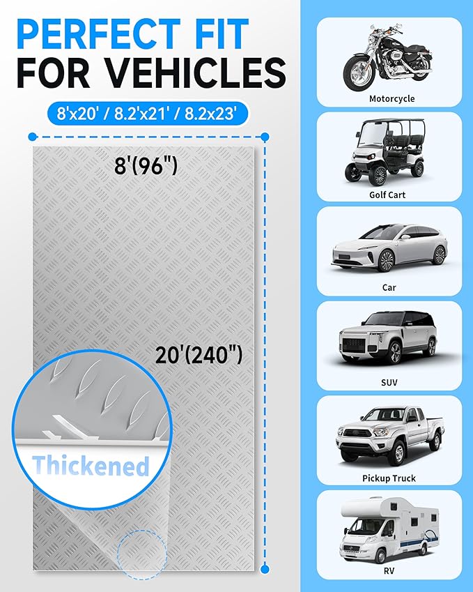 8x20 FT Garage Floor Mat, Thickened Ribbed PVC Garage Flooring Roll for Under Car Heavy Duty & Durable Non-Slip Waterproof Garage Floor Protector for Car, SUV, Pickup, Gym & Basement (Silver)