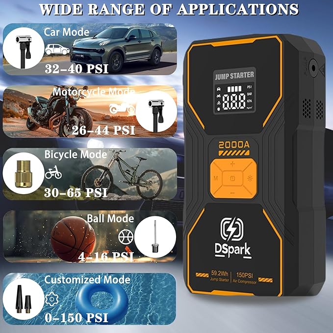 B31 2000A Jump Starter with 150PSI Air Compressor,Jump Starter Battery Pack for Up to 7.0L Gas and 6.5L Diesel Engines,12V Portable Jump with Quick Charge LED Flashlight Compact Storage Case