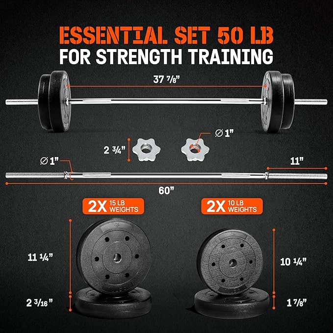 Yes4All 480LB Standard Straight Barbell 60" & EZ Curl Bar 47", Weight Bar 1" Diameter - Star Lock Collars & Rubber Ring for Deadlifts, Squats