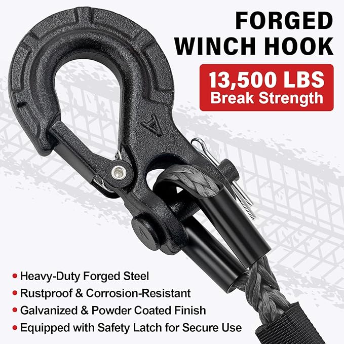 Synthetic Winch Rope Kit - 3/16" x 50' 8500 lbs Synthetic Winch Cable for ATV UTV Off-Road Vehicles with Forged Hook, Rubber Stopper, Protective Sleeve and Safety Pull Strap - Grey