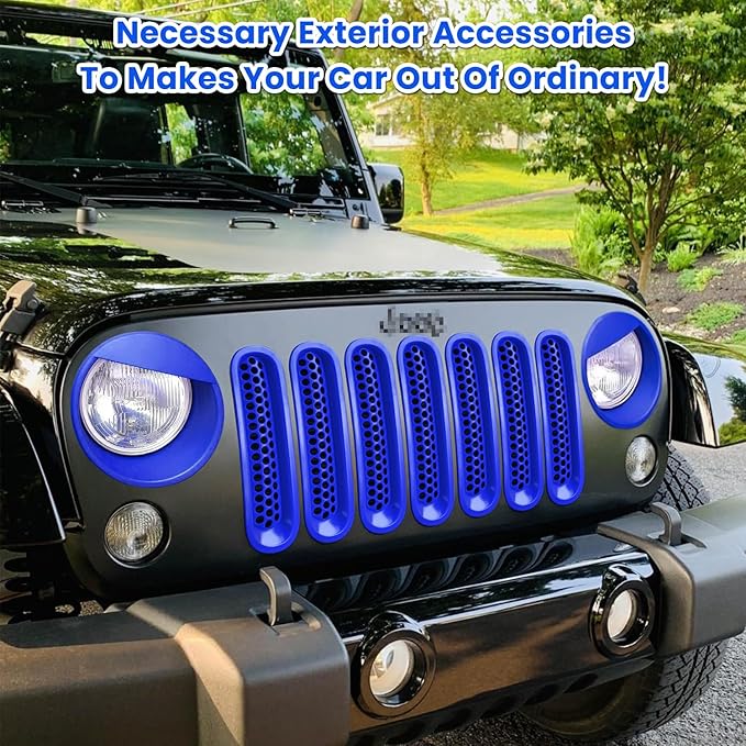 Front Grille Mesh Inserts & Headlight Cover for Jeep Wrangler JK JKU Sport Freedom Rubicon Sahara Unlimited 2007-2018 Exterior Accessories Clip-in Grille Guard Headlight Bezels Trim (Matte Blue)