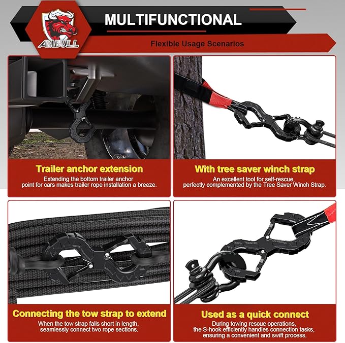 3/8 Tow Hook, Winch Hook for Off-Road Recovery, Towing Shackle 33000 Lbs, G80 Heavy Duty Strength Integrated Winch Quick Shackle, Black