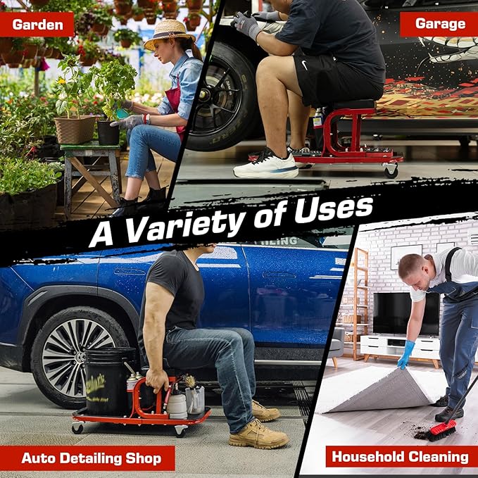 Rolling Shop Stool Chair with Wheels, Mechanic Garage Stool on Wheels, Auto Car Detailing Stools Seat with Tool Tray Storage for Garage Work, Workshop, Home, Garden, DIY, 300 LBS Capacity,Red