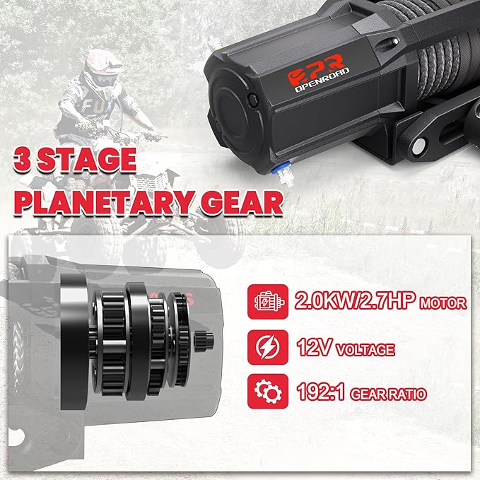 OPENROAD 6000 lbs UTV Winch, Waterproof IP67 Electric Trailer 6k Winch with 1/4"×50ft Synthetic Rope,Wireless Remote and Winch Stopper (6000lb with Mounting Plate)