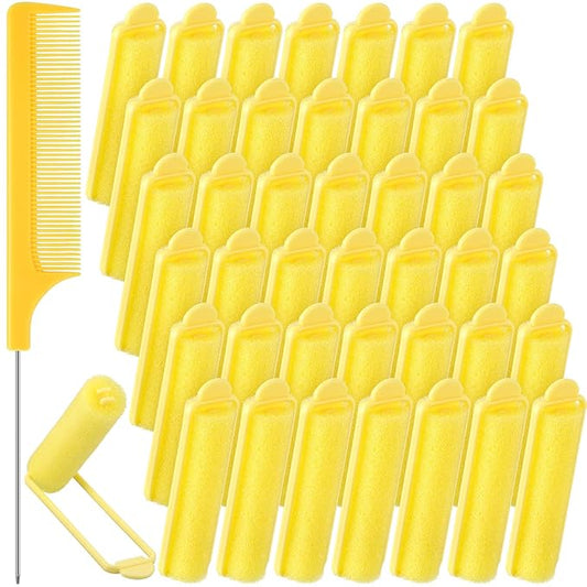 Syhood 43 Pcs Foam Sponge Hair Rollers Women 0.59 Inch Soft Sleeping Curlers Flexible Sponge Curler Tool and Rat Tail Comb for Hair Styling Hairdressing Overnight Curl and Volume(Yellow)