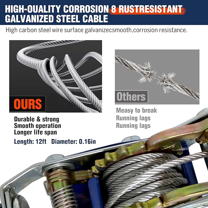Come Along Winch - 4400 lbs/2T Pulling Capacity,12ft Steel Cable,2 Hooks,Dual Gear Power Puller,Automotive Hoist Cable Puller for Vehicle Rescue,Construction,Farm，Cable Winch Puller with Free Gloves