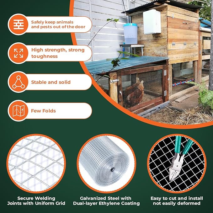 1/4'' 48'' X 100' Hardware Cloth, Chicken Wire Fencing Double Layer Hot Dip Galvanized, Wire Mesh Fence Chicken Rabbit Snake Cage Wire Fence Mesh Roll, for Chicken Coops, Fencing, Garden Protection